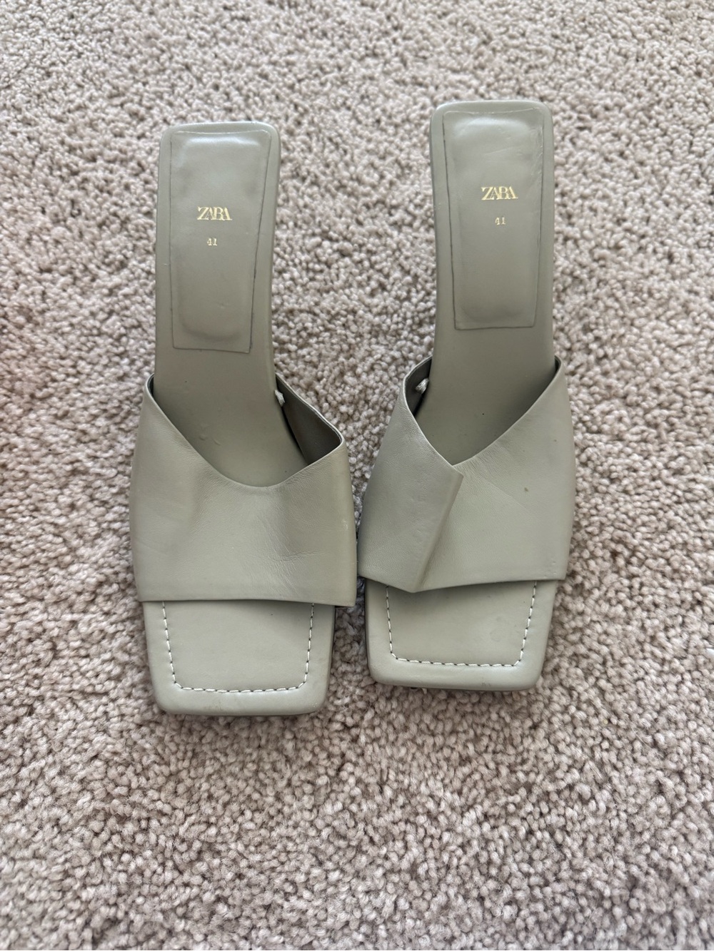ZARA Olive Sage Green Square-Toe Mule heels
